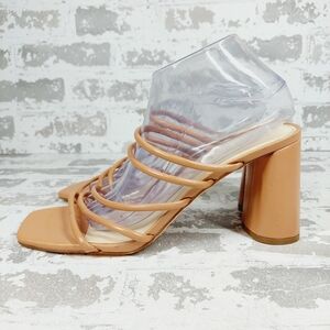 NEW Nine West Getcha 3 Heeled Tan Faux Leather Block Heel Summer Sandals W222